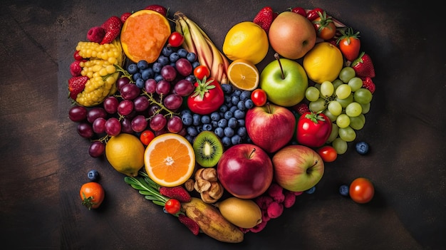 Fruits and vegetables are arranged in a heart shape