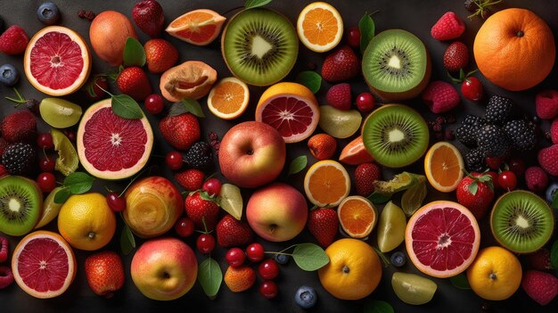 Fruits and vegetables are shown on a dark background.
