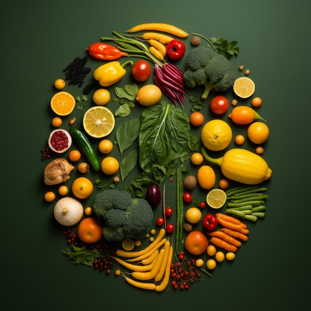 fruits and vegetables arranged in the shape of a circle