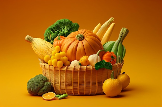Fruits and vegetables in a basket on a yellow background Healthy food generative ai