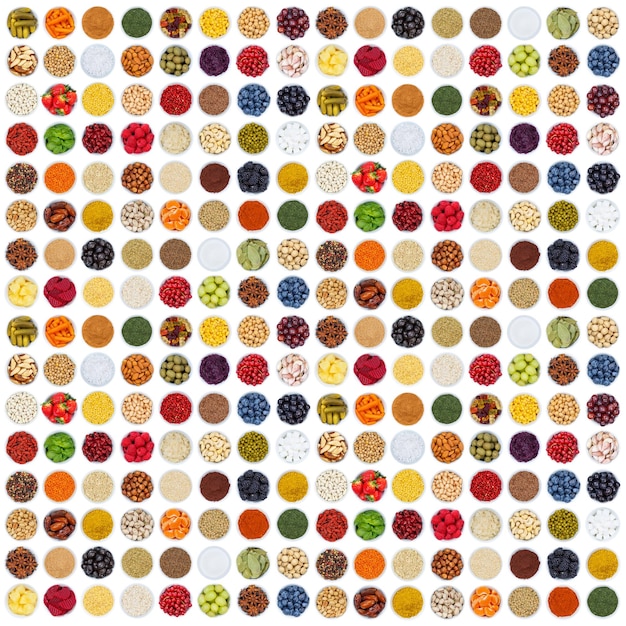 Fruits and vegetables berries spices herbs food background square from above