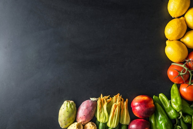 Fruits and vegetables on black background