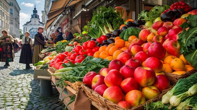 リガの市街地市場で果物と野菜