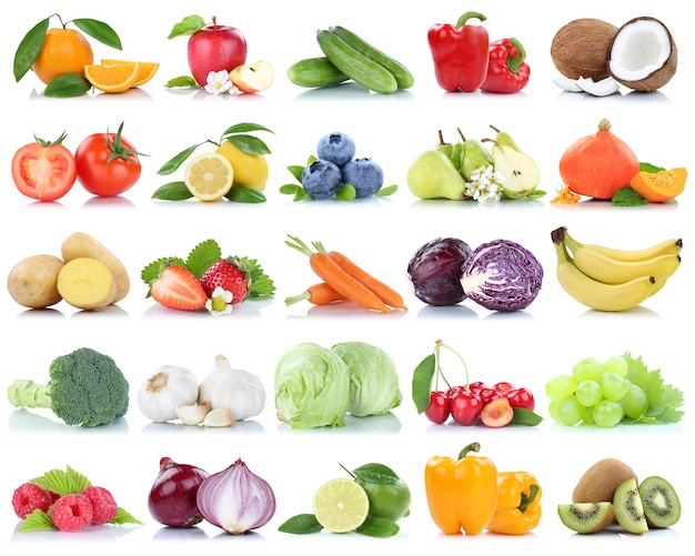 Fruits and vegetables collection isolated apple oranges onions tomatoes lettuce berries fruit