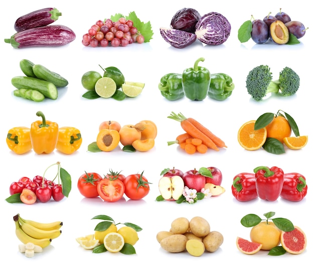 Fruits and vegetables collection isolated apples banana oranges lemons colors tomatoes fruit