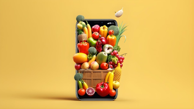 fruits and vegetables coming out of the mobile phone screen online order concept