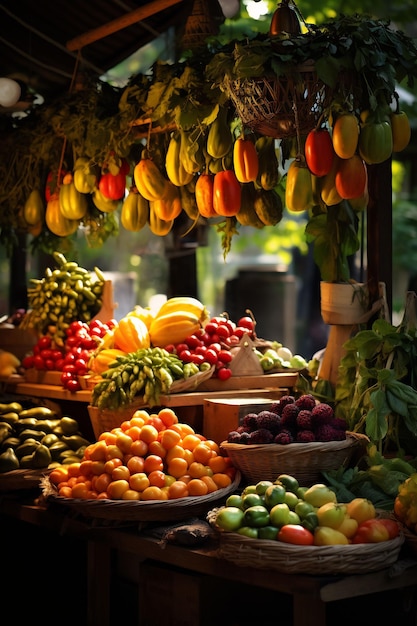 fruits and vegetables on display at a market