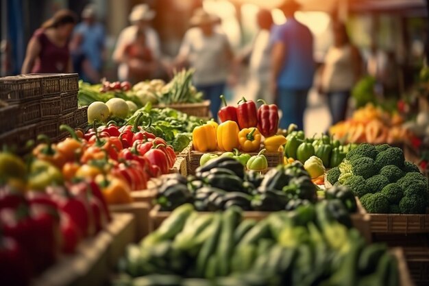 Fruits and vegetables at a farmers market with AI generated