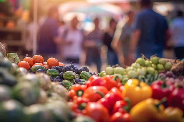 Fruits and vegetables at a farmers market with AI generated