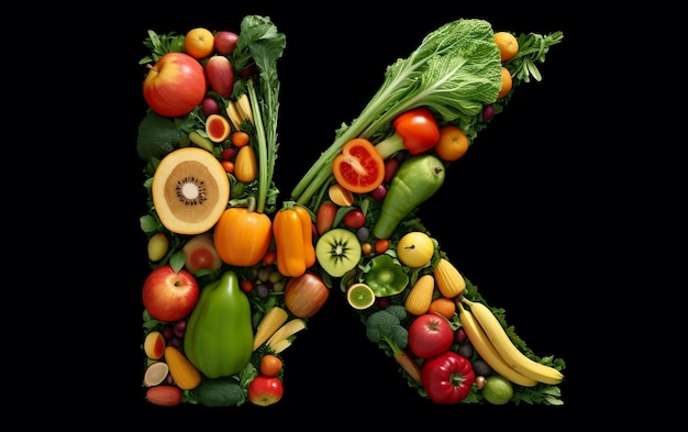 Foto frutta e verdura formano la lettera k