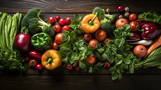 Fruits and vegetables from the garden on a wooden table Overhead shot and copy space World vegan day