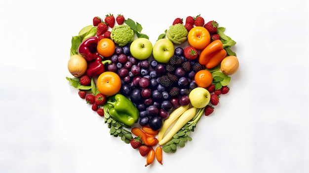 Fruits vegetables healthy and organic food forming a heart on a white background Concept of nutrition healthy food and wellbeing Generative ai