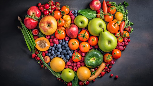 Fruits and vegetables in a heart shape