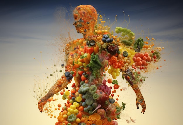 Fruits and vegetables in human shape concept of nutrition and healthy lifestyle