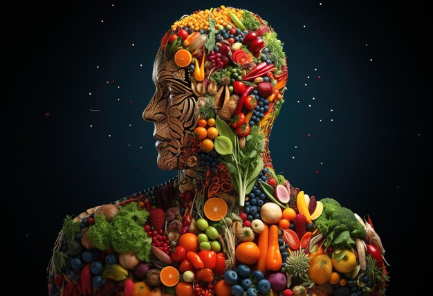 Fruits and vegetables in human shape concept of nutrition and healthy lifestyle