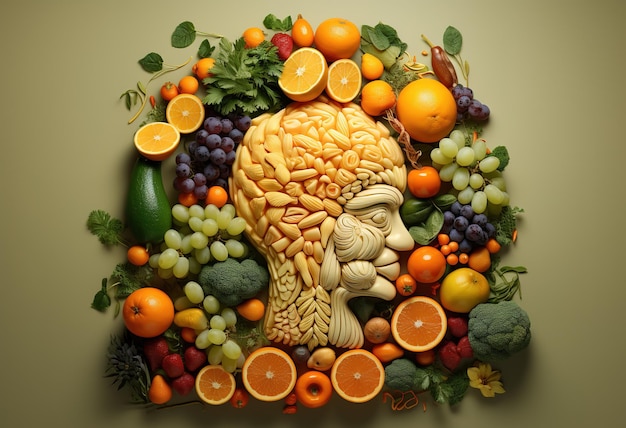 Fruits and vegetables in human shape concept of nutrition and healthy lifestyle