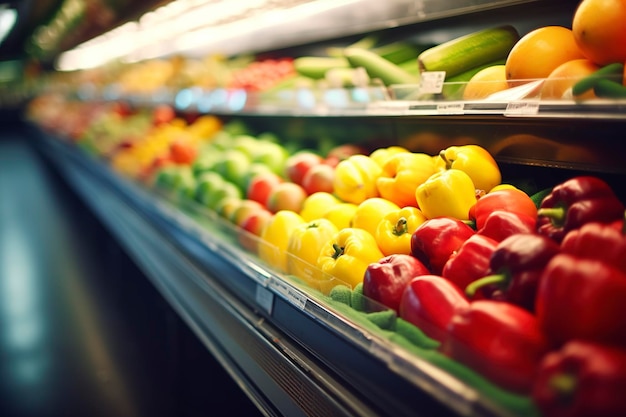 Fruits and vegetables in the refrigerated shelf of a supermarketAi generated