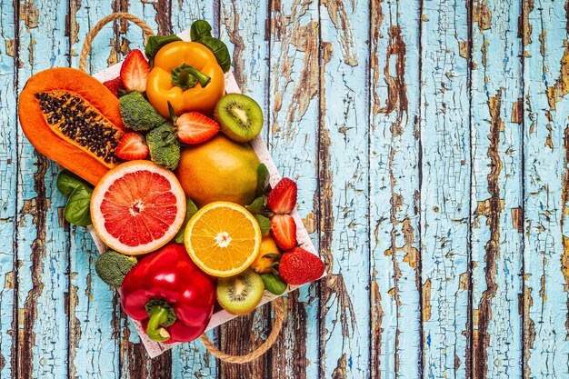 Fruits and vegetables rich in vitamin C in box Healthy eating