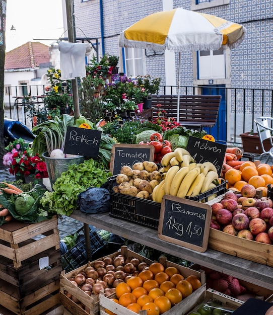 fruits and vegetables for sale at market stall