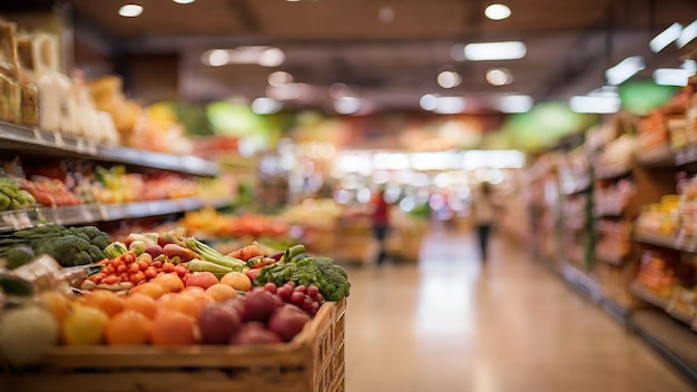 食料品店の棚に置かれた果物と野菜の背景はぼやけています