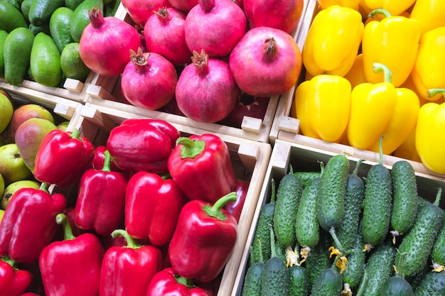 Fruits and vegetables at a showcase in a supermarket