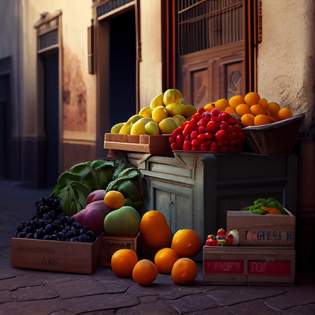 Fruits and vegetables store in the street scene generative AI