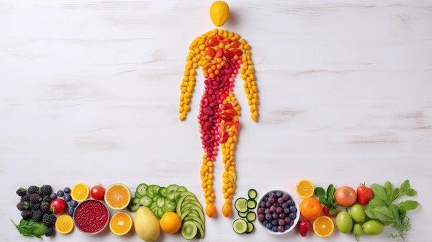 Fruits and vegetables on white table