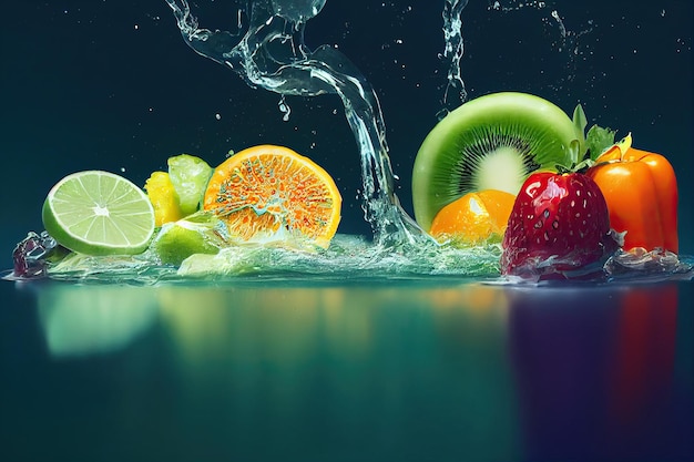 Photo fruits and vegetables with clean water splash