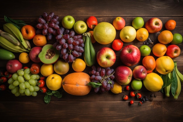 Fruits and vegetables on a wooden background Healthy eating concept Generative AI