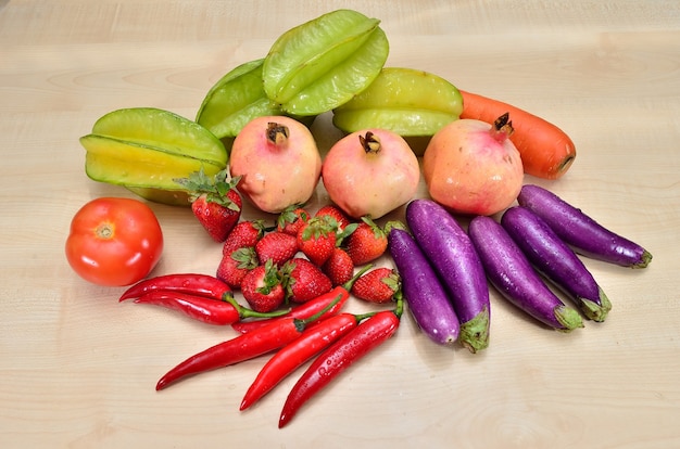 Fruits and vegetables on wooden table