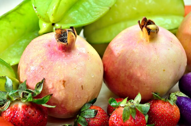 Fruits and vegetables on wooden table