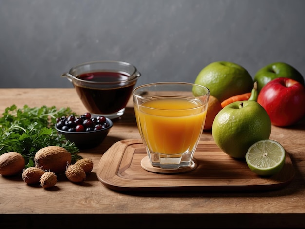 Photo fruits and vegetables on wooden table