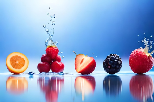 Photo fruits and water on a blue background