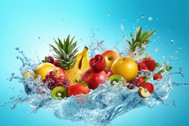 Fruits in the water with water splash