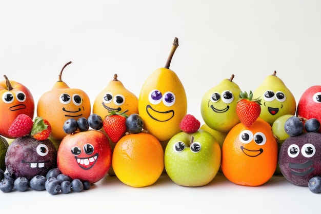 Fruits with comical faces isolated on a white background