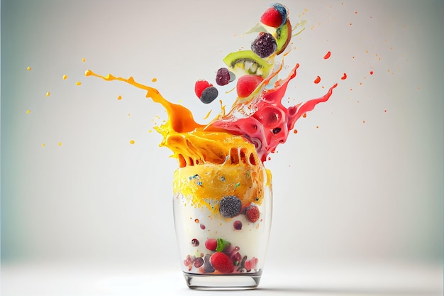 Fruits with slices and juice splash in rainbow colors flying smoothie AI