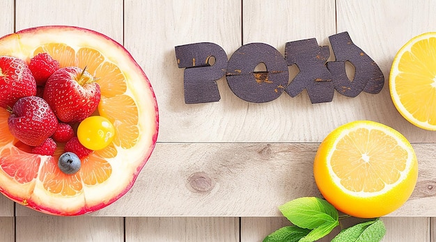 Fruits on wood texture background with space for text