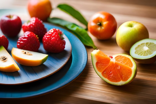 Fruits on a wooden table with a plate with strawberries and strawberries