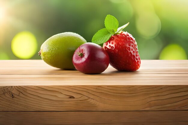 Fruits on a wooden table with the sun behind them