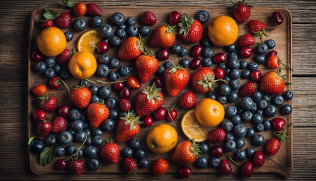 Fruits on a wooden tray Strawberries blueberries and citrus fruits