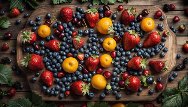 Fruits on a wooden tray top view Strawberries blueberries and citrus fruits