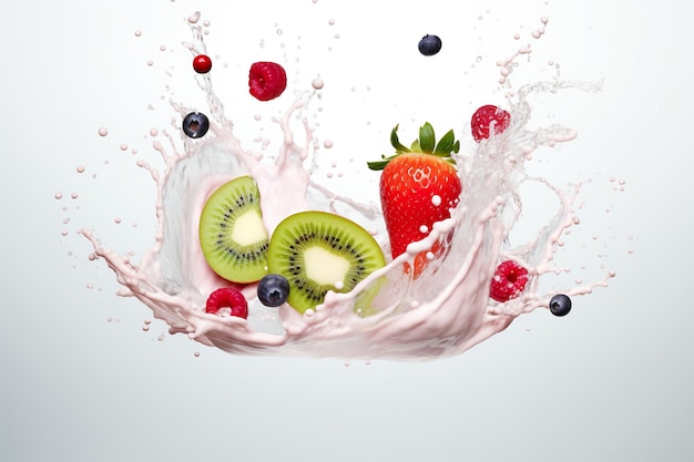 Photo fruits and yogurt splashes combining the freshness of fruits with the creaminess of yogurt in a visually appealing fusion
