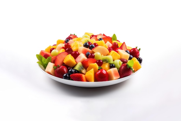 Fruitsalade met bessen op een bord geïsoleerd op een witte achtergrond