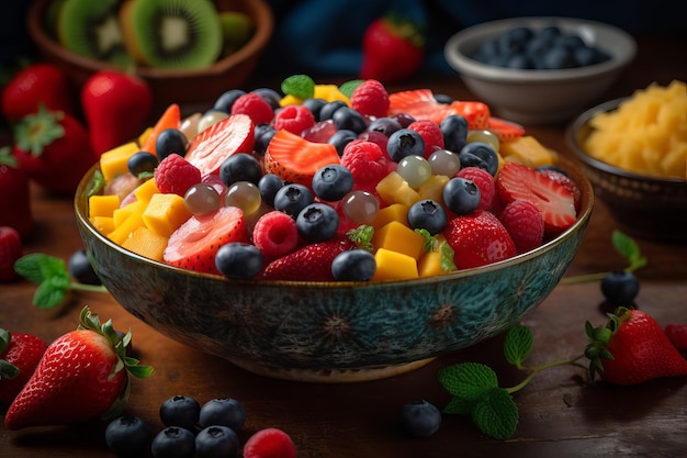 Fruitsalade met sappige plakjes watermeloen, ananas en aardbeien omringd door verse bosbessen en frambozen