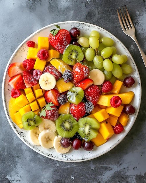 Fruitsalade op een witte plaat, er zijn aardbeien, druiven, kiwi-sinaasappelen, bananenbessen enz