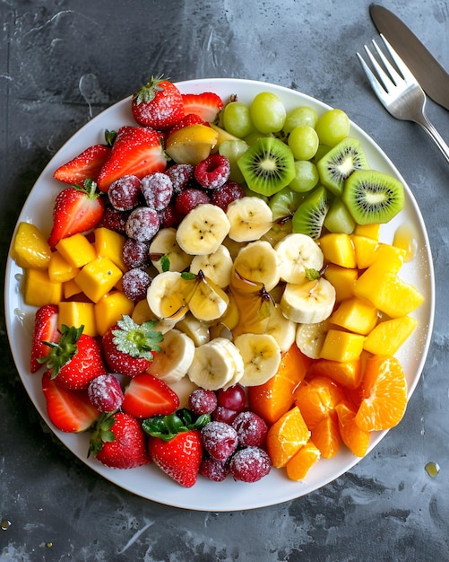 Fruitsalade op een witte plaat, er zijn aardbeien, druiven, kiwi-sinaasappelen, bananenbessen enz