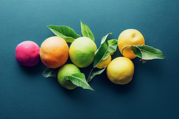 Fruitsamenstelling op blauwe achtergrond Sinaasappels met bladeren die op het oppervlak liggen