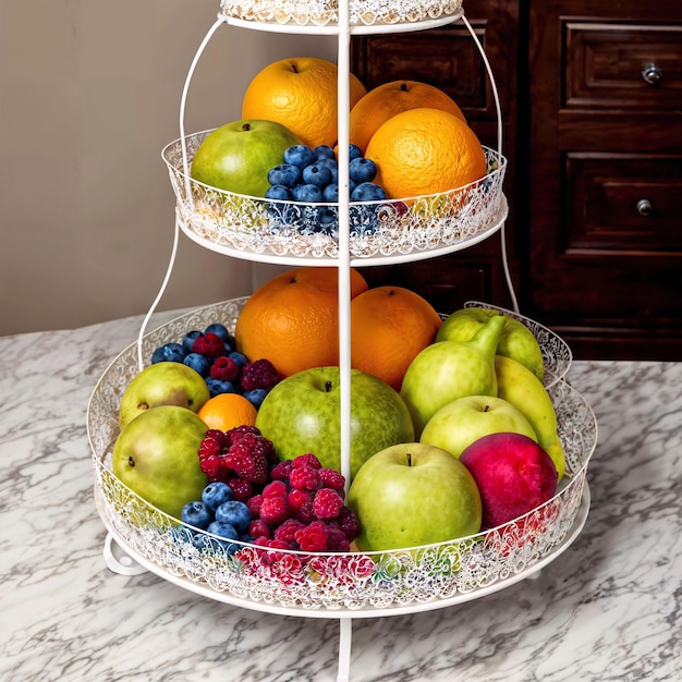 Foto fruitschaal 3tier op tafel bij generatieve ai in de keukenruimte