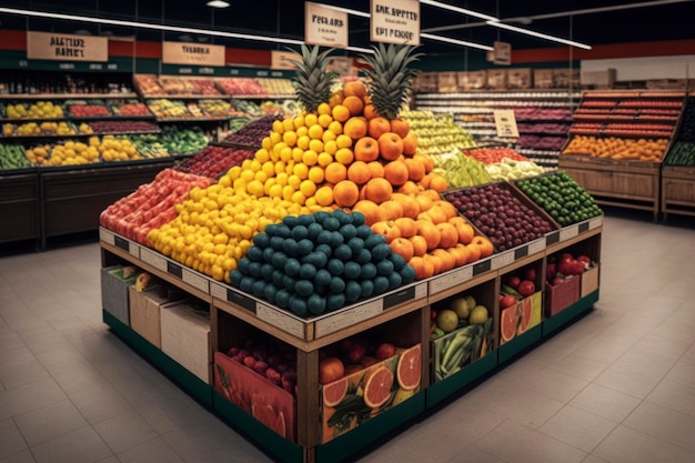 Fruittafel in supermarkt 8k reclame foto levendige kleuren