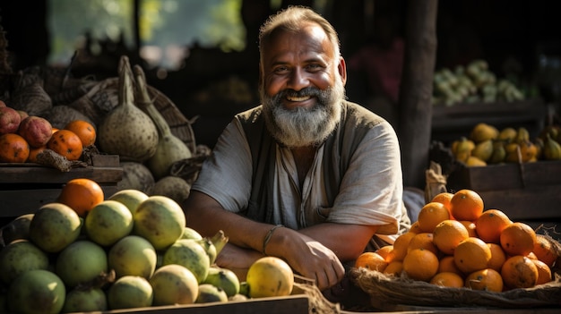 Fruitwinkel Indiase mannelijke straatverkoper die vers fruit verkoopt